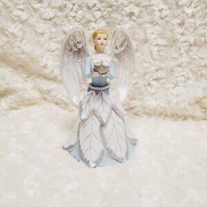 2006 AVON Joyful Flowers Winter Leaves Flower Basket 6" Blue Angel Figurine